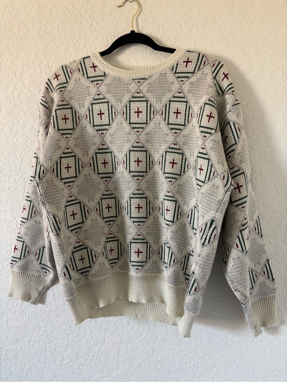 Vintage Da Vinci Knitwear Geometric Pattern Sweater Cream Green Burgundy Size M